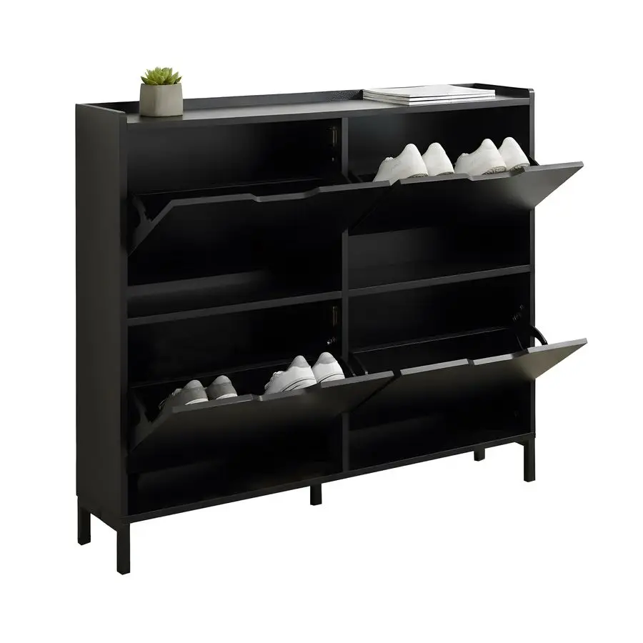 Schuhspitzen, 4 Fächer, 16 Schuhe, H x T, 90 x 100 x 19 cm, schmaler Schuhschrank mit Neigungsschutz, Schwarz