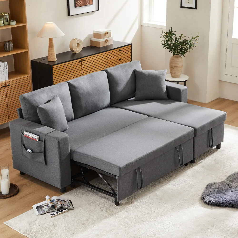 Schlafsofa mit Schlaffunktion, L-förmiges Sofa, Chaiselongue mit Stauraum, mit Taschenaufbewahrung, Schlafsofa im Wohnzimmer