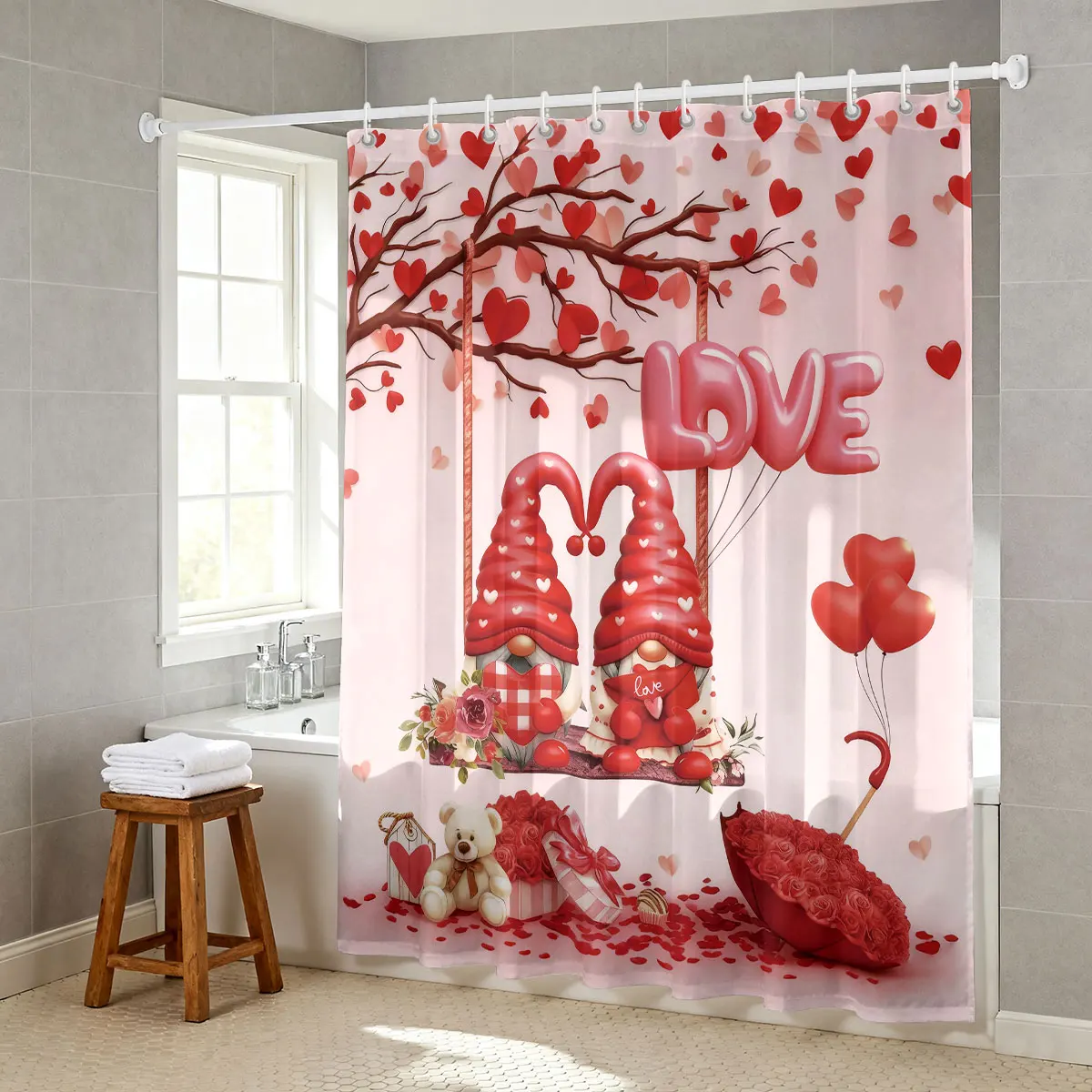 1 x wasserdichter Sichtschutz-Duschvorhang mit romantischem Kobold-Aufdruck zum Valentinstag, 12 Haken, mehrere Größen, einfach zu installieren Image