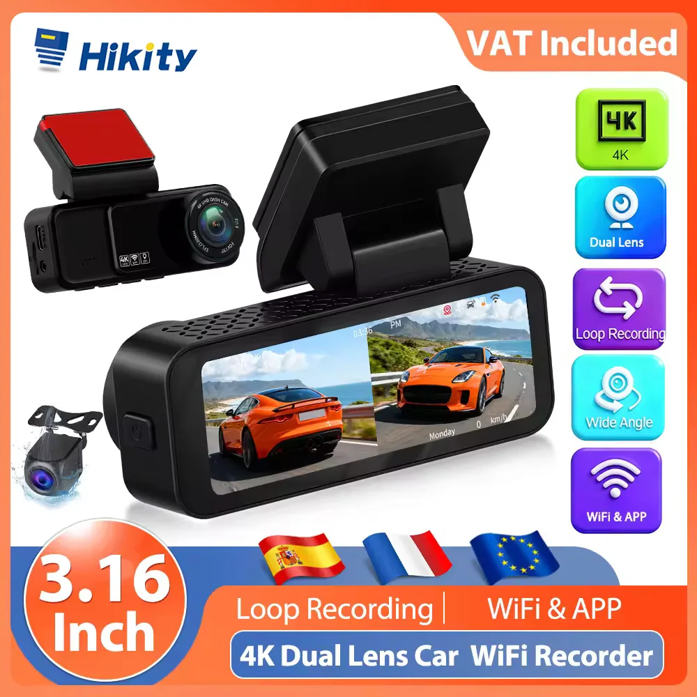 Caméra embarquée Hikity 3,16 pouces 4K, enregistreur vidéo DVR pour voiture, caméra de recul, double objectif HD, enregistrement cyclique, enregistreur vidéo miroir, ADAD BSD