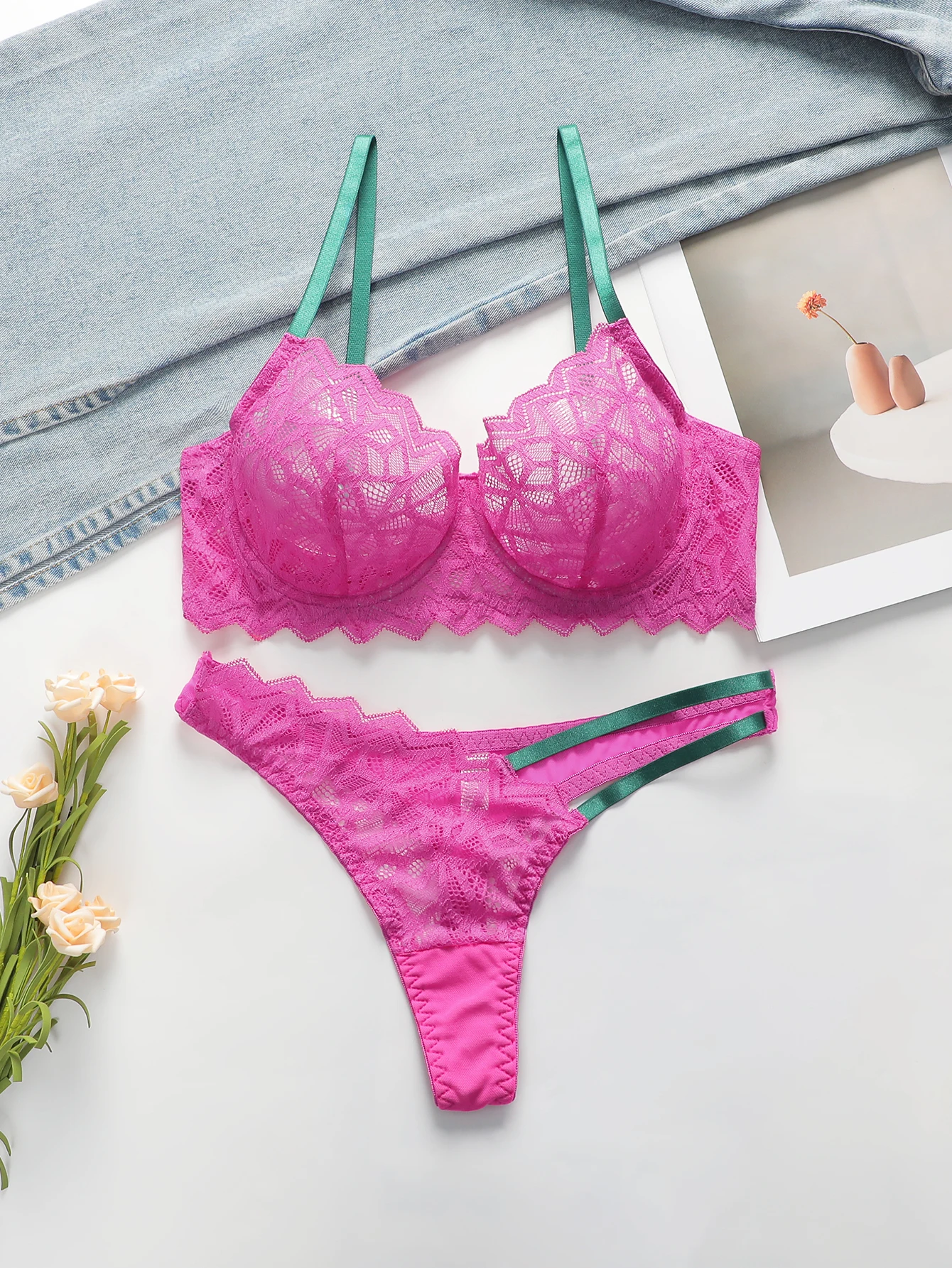 Ensemble soutien-gorge et string sans doublure en dentelle rouge Rose, soutien-gorge plongeant Push Up et culotte string, ensemble de Lingerie pour femmes, S-XL