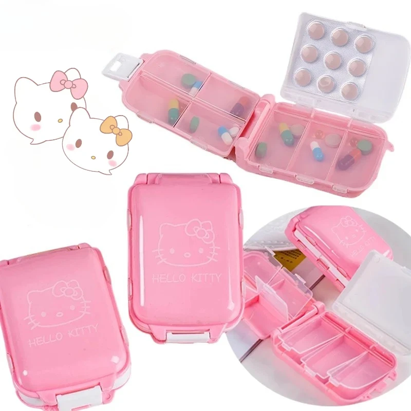 Sanrio Hello Kitty Tragbare 7-Gitter-Unterverpackung, große Kapazität, versiegelte, feuchtigkeitsbeständige Pillen-Aufbewahrungsbox, wasserdichte Pille