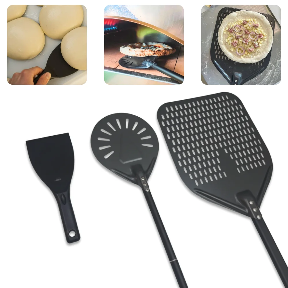 Pizzaschälen-Set mit Teigschaber, 12, 13, 14 und 7 Zoll, langer Griff, drehendes Paddel, Teigschneider, Pizza-Herstellungswerkzeug-Set Image