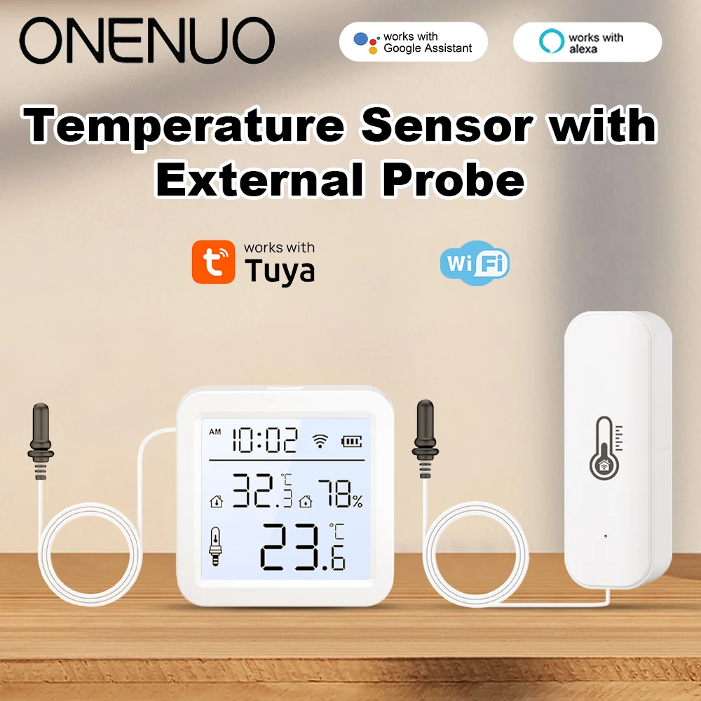 ONENUO Tuya WiFi-Feuchtigkeitstemperatursensor mit externer Sonde, LCD-Thermometer für Smart Home, APP-Überwachung für Kühlschrank Image