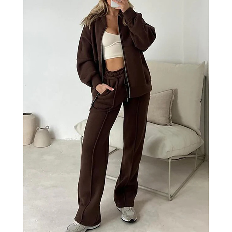Women's Tracksuit Pants Sets Bolero Top Long Sleeve Stand Collar Plain Zipper Fashion Streetwear Casual Daily Outdoor Army Green Dark Green Brown Summer Regular Fit