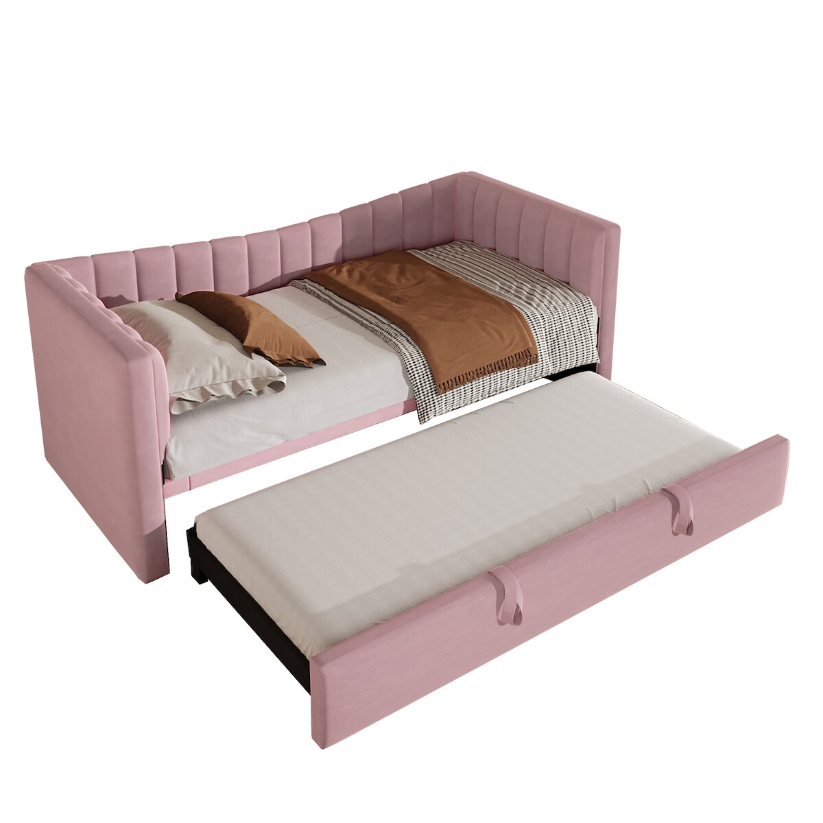 OKWISH Polsterbett 90x200 mit Ziehbett, Tagesbett mit Ausziehfunktion, Samtbett mit Rollbett,platzsparendes Multifunktionsbett für Gästezimmer,Sofa Bett Rosa Image