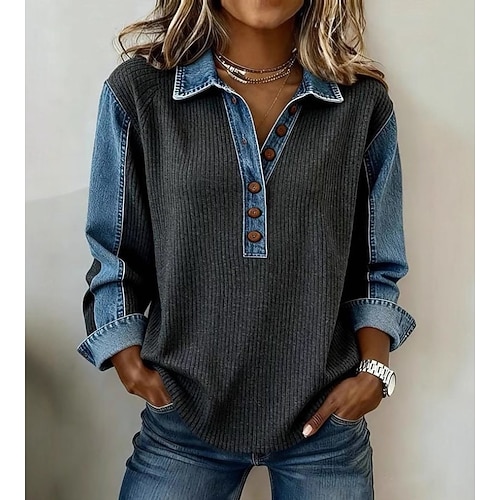 Per donna Tunica Vintage Elegante Manica Lunga Top Regolari Nero Grigio scuro Estate Primavera