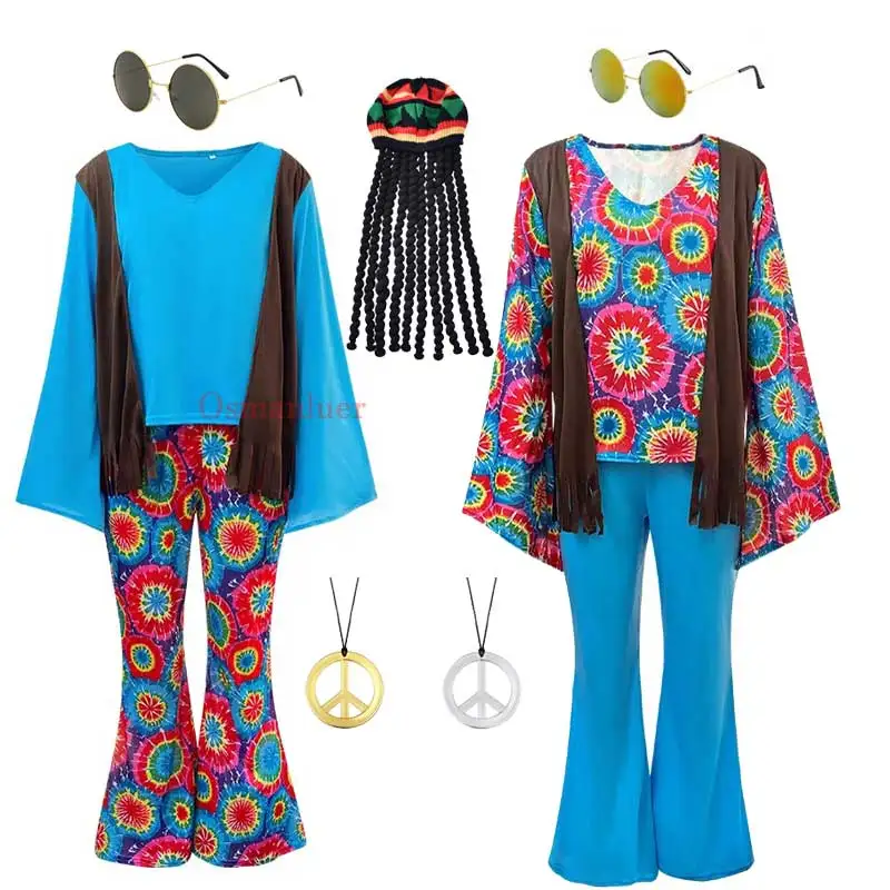 Männer Frauen Retro 60er Jahre Hippie Kostüm 70er Jahre Land Sänger Cosplay Top Hosen Vintage Hip-Hop Paar Cosplay Halloween Kostüm