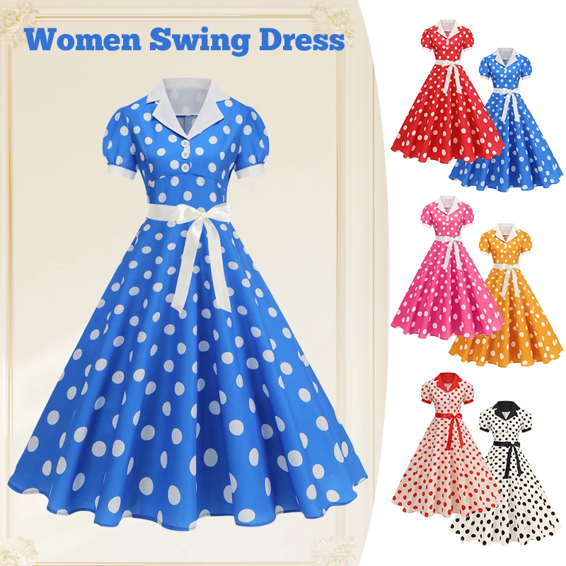 Polka Dot 50er 60er Jahre Vintage Kleid Damen Elegant Gürtel Robe Damen Retro Rockabilly Prom Hochzeit Party Prinzessin Kleid