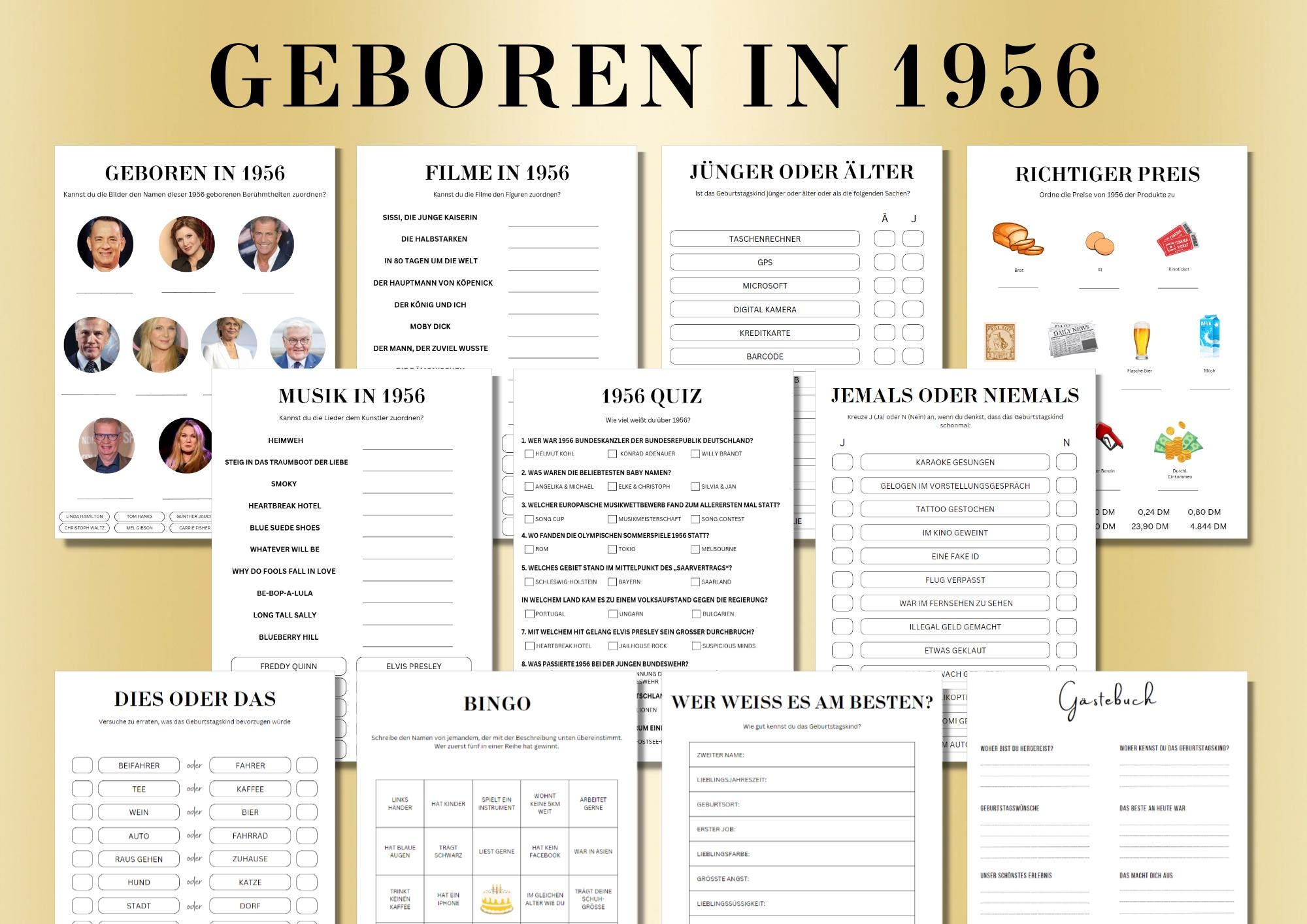 Pacchetto di giochi per il 70o compleanno nato nel 1956 | Gioco stampabile per la festa del 70o compleanno | Gioco a quiz per il compleanno del 1956,