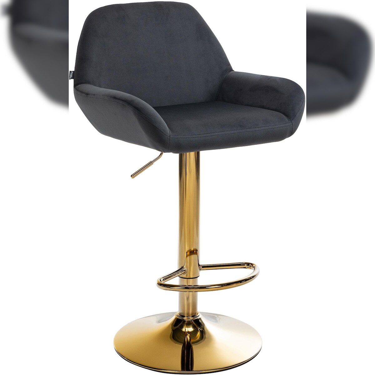 DELUKE Barhocker BIKEL - Samt Schwarz 51x52x89 cm Gold | Barstuhl Höhenverstellbar Mit Lehne Drehbar Tresenhocker Tresenstuhl Kneipenhocker Kneipenstuhl Image