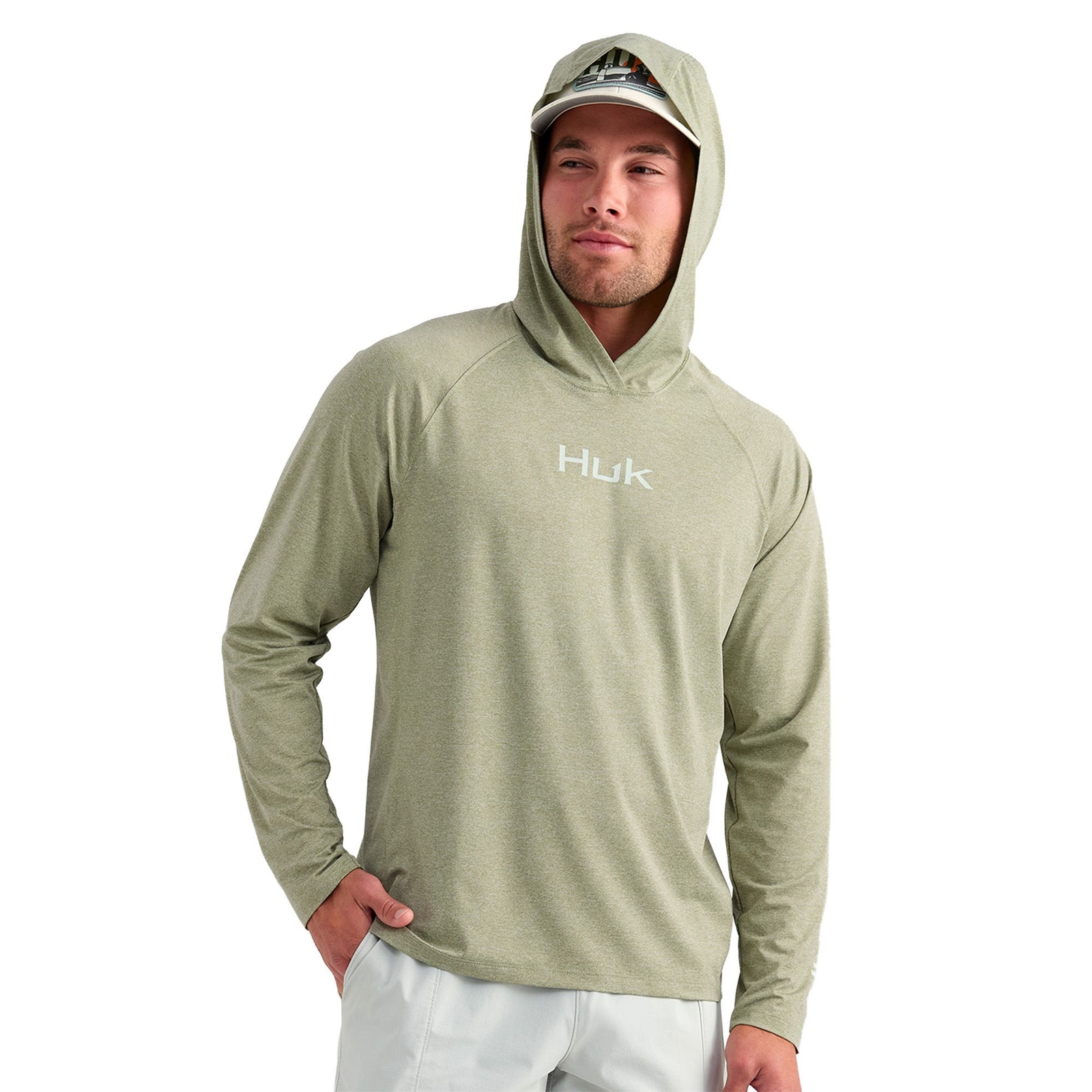 HUK Men's Airweight LS Hoodie (Size M) Seagrass Heather, Polyester,Spandex