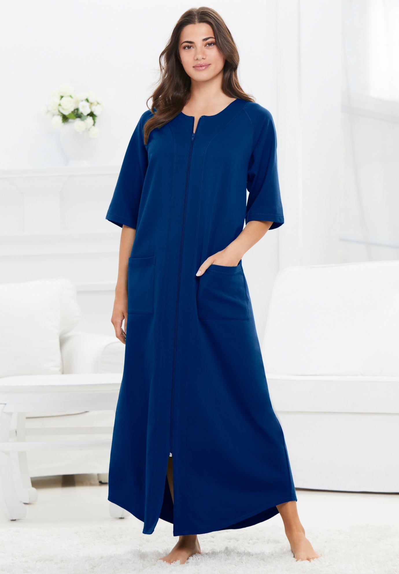 Plus Size Women's Long French Terry Zip-Front Robe by Dreams & Co. in Evening Blue (Size S)