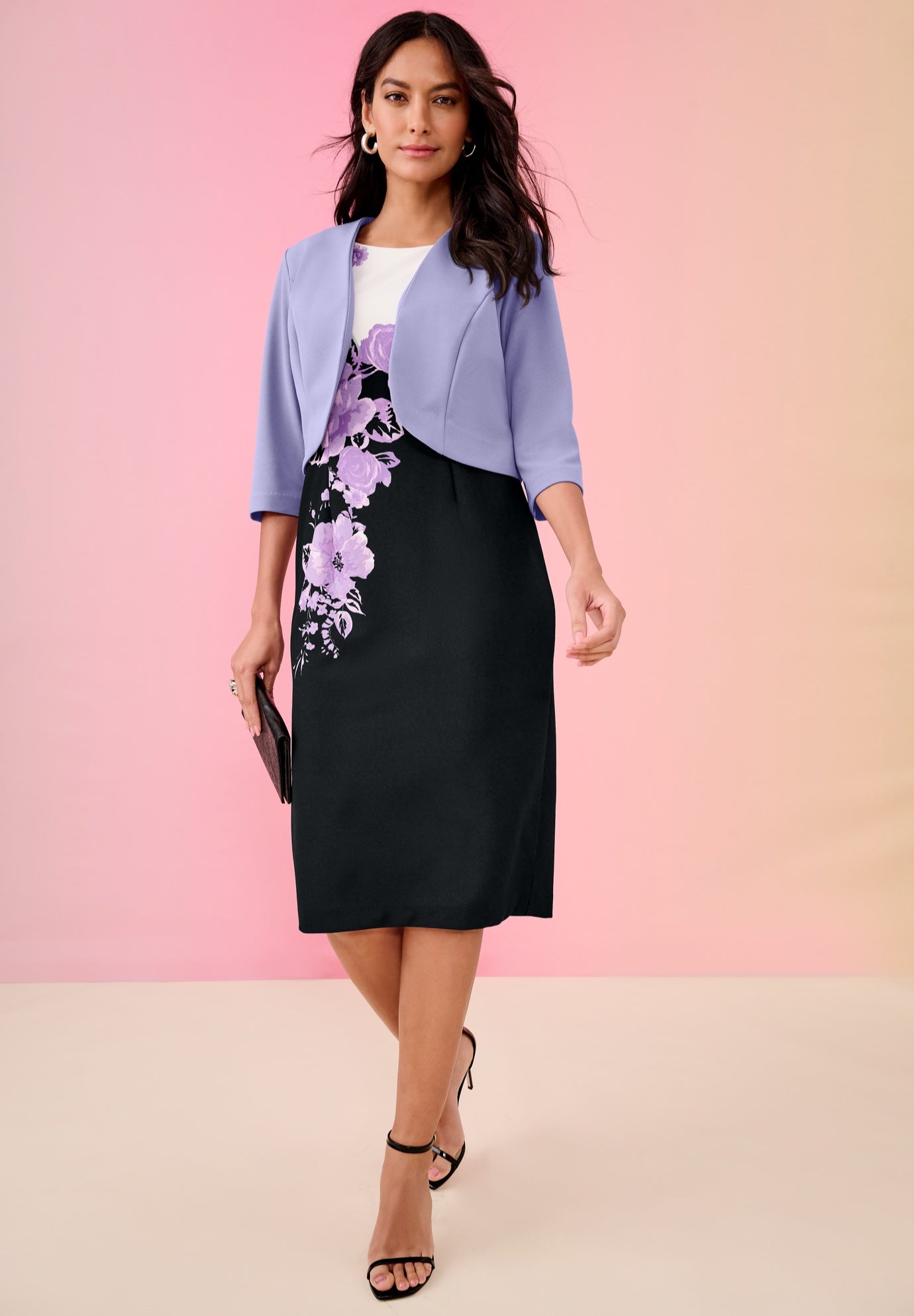 Plus Size Women's Floral Print Jacket Dress by Roamans in Lavender Black (Size 16 W)