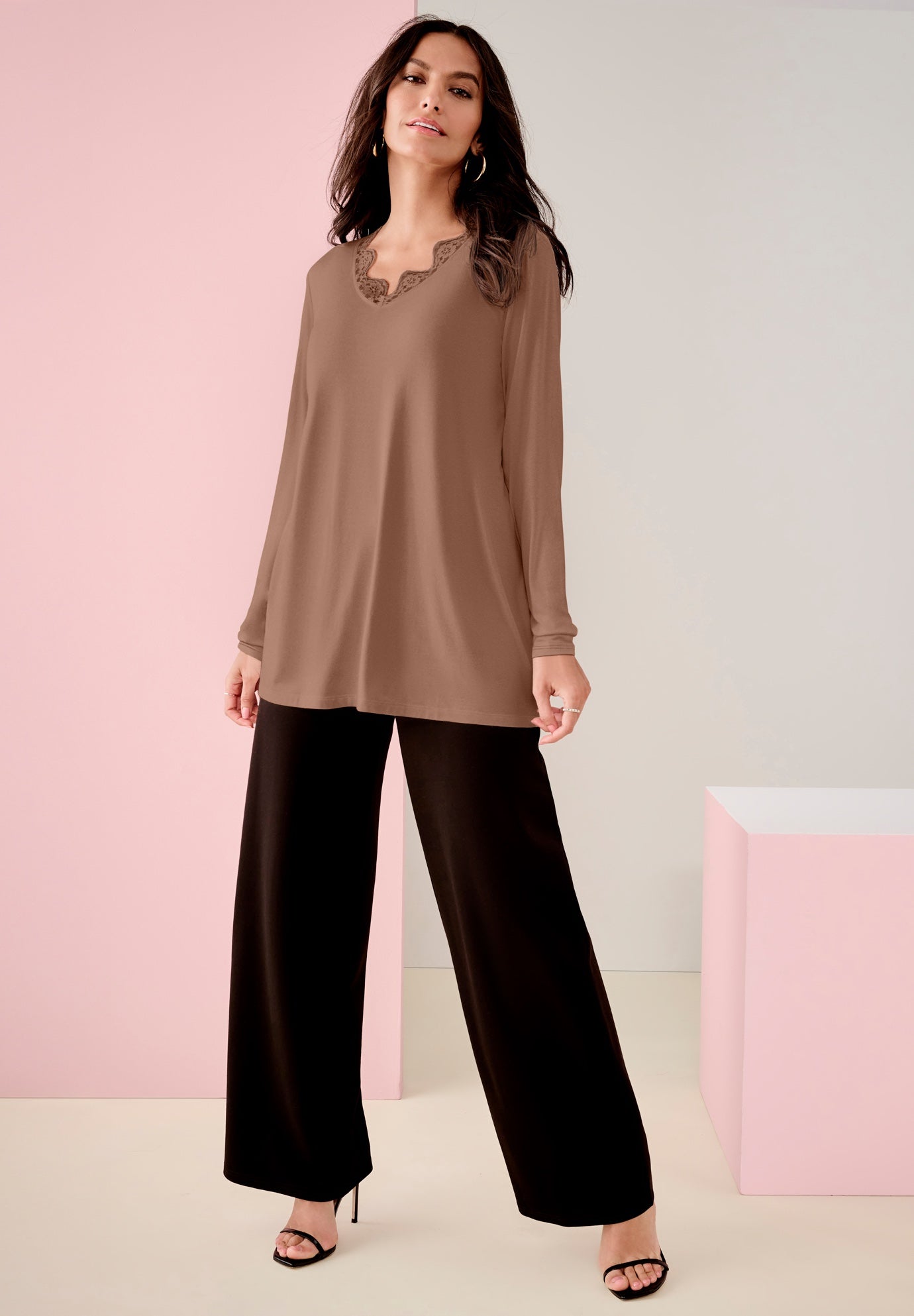 Plus Size Women's Ultimate Long-Sleeve Swing Tee by Roaman's in Creamy Mocha (Size 14/16)