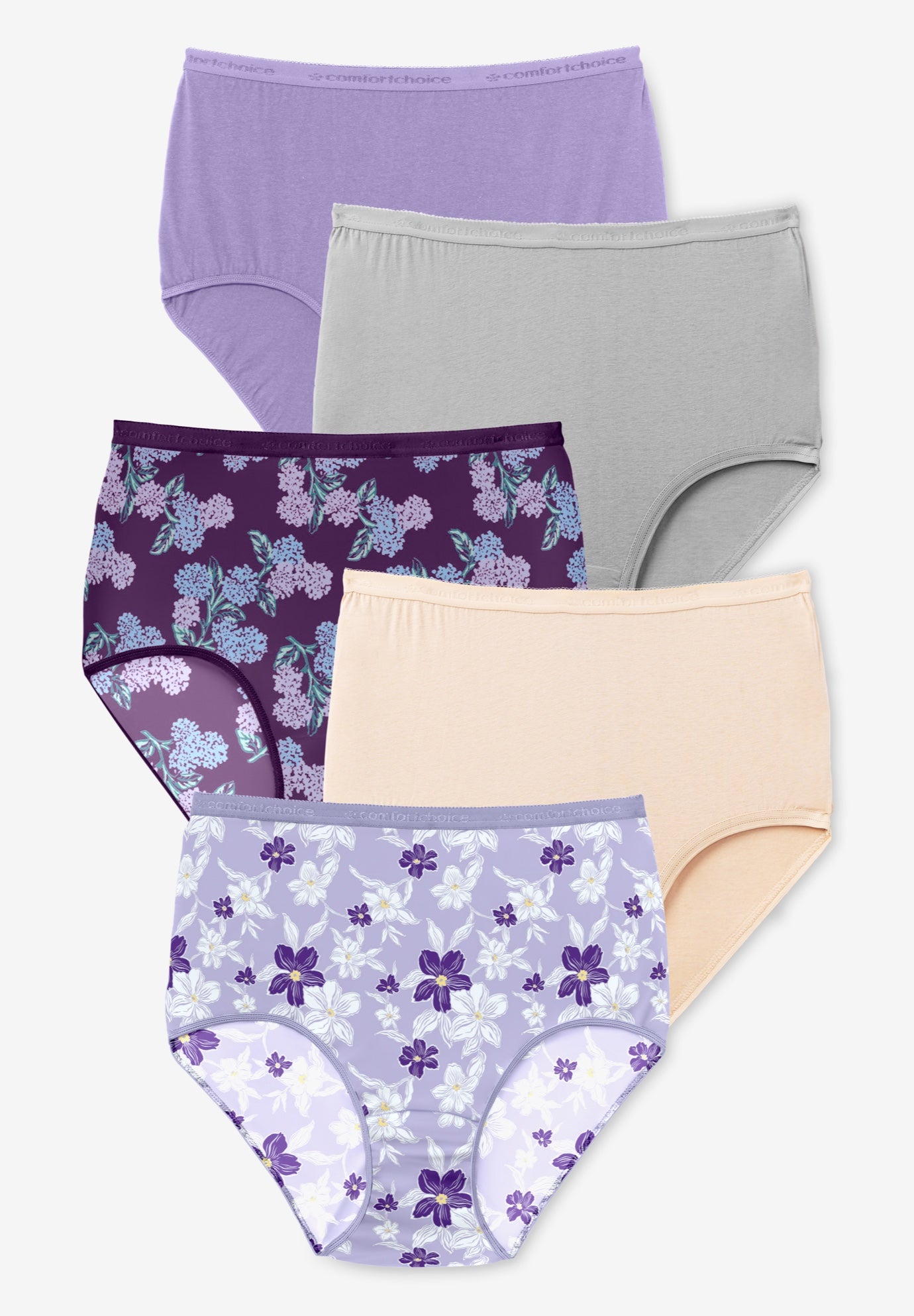 Plus Size Women's Cotton Brief 5-Pack by Comfort Choice in Purple Floral Pack (Size 7) Underwear