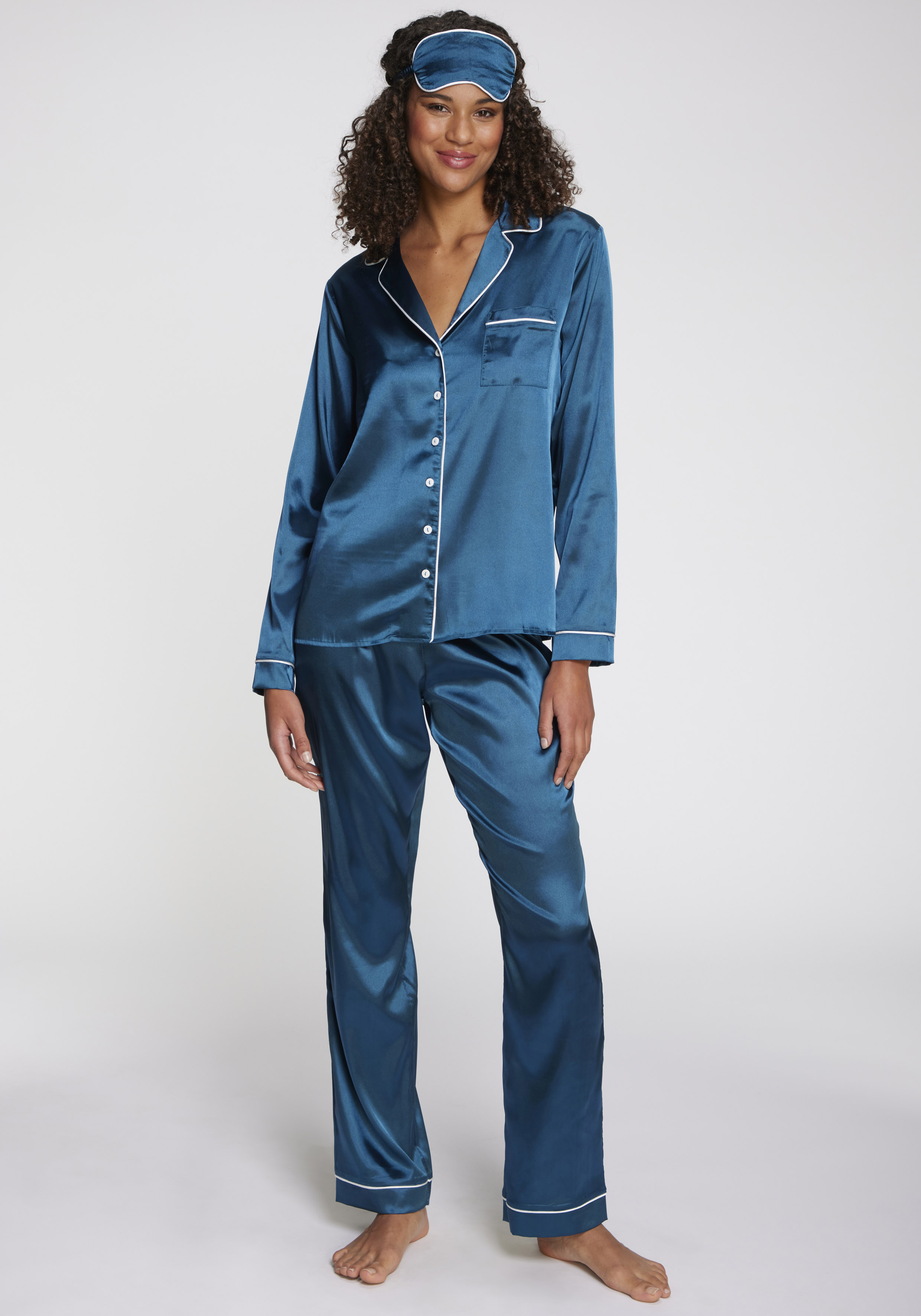 Pyjama S.OLIVER, Damen, Gr. 38, dunkelgrün, Webqualität, Obermaterial: 95% Polyester, 5% Elasthan, unifarben mit Farbeinsatz, regular fit lang, V-Ausschnitt, Manschette, Homewear-Sets Pyjama, Mit schöner Schlafmaske