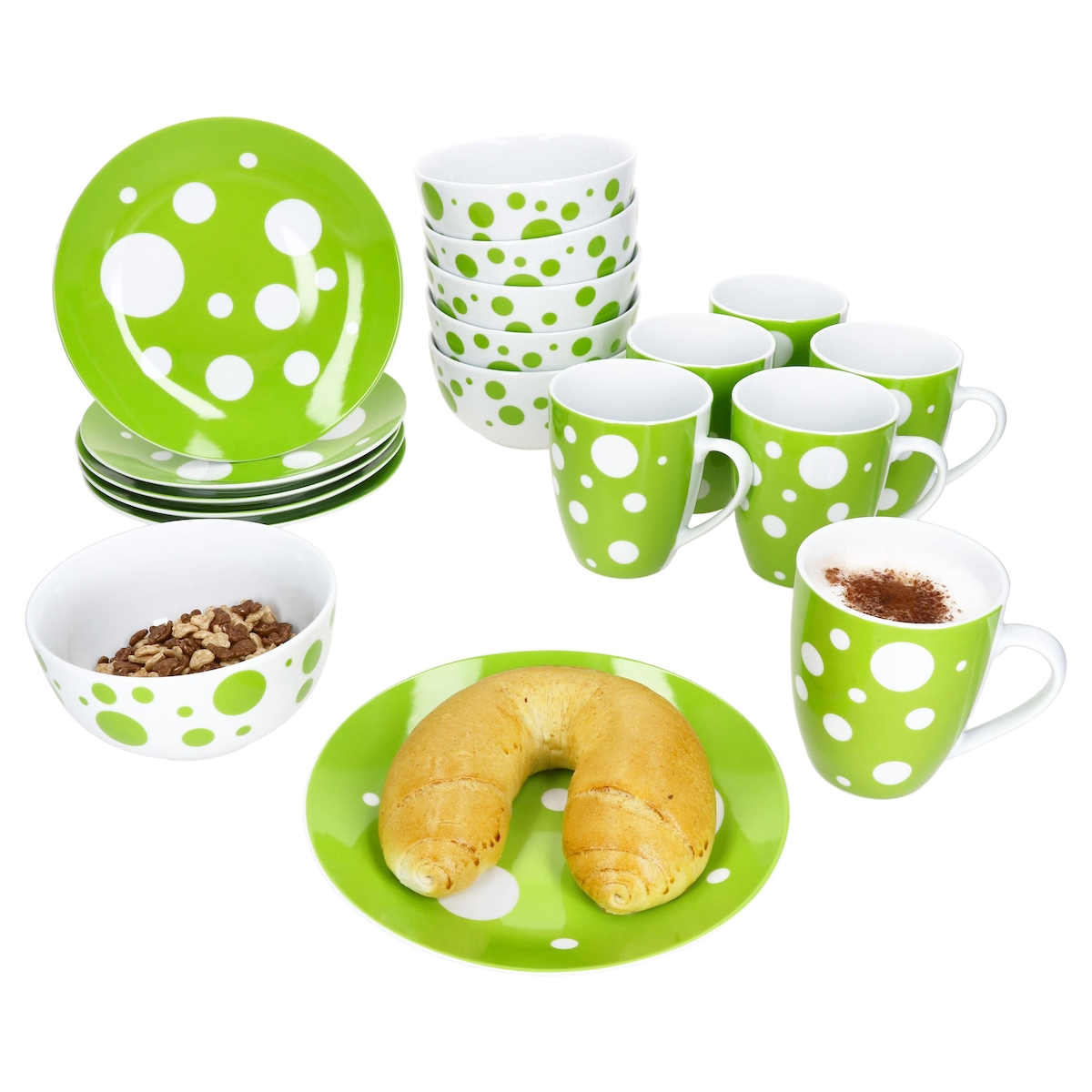 Pula grün 18tlg Frühstücksset Porzellan Teller Becher Müslischalen gepunktet Image