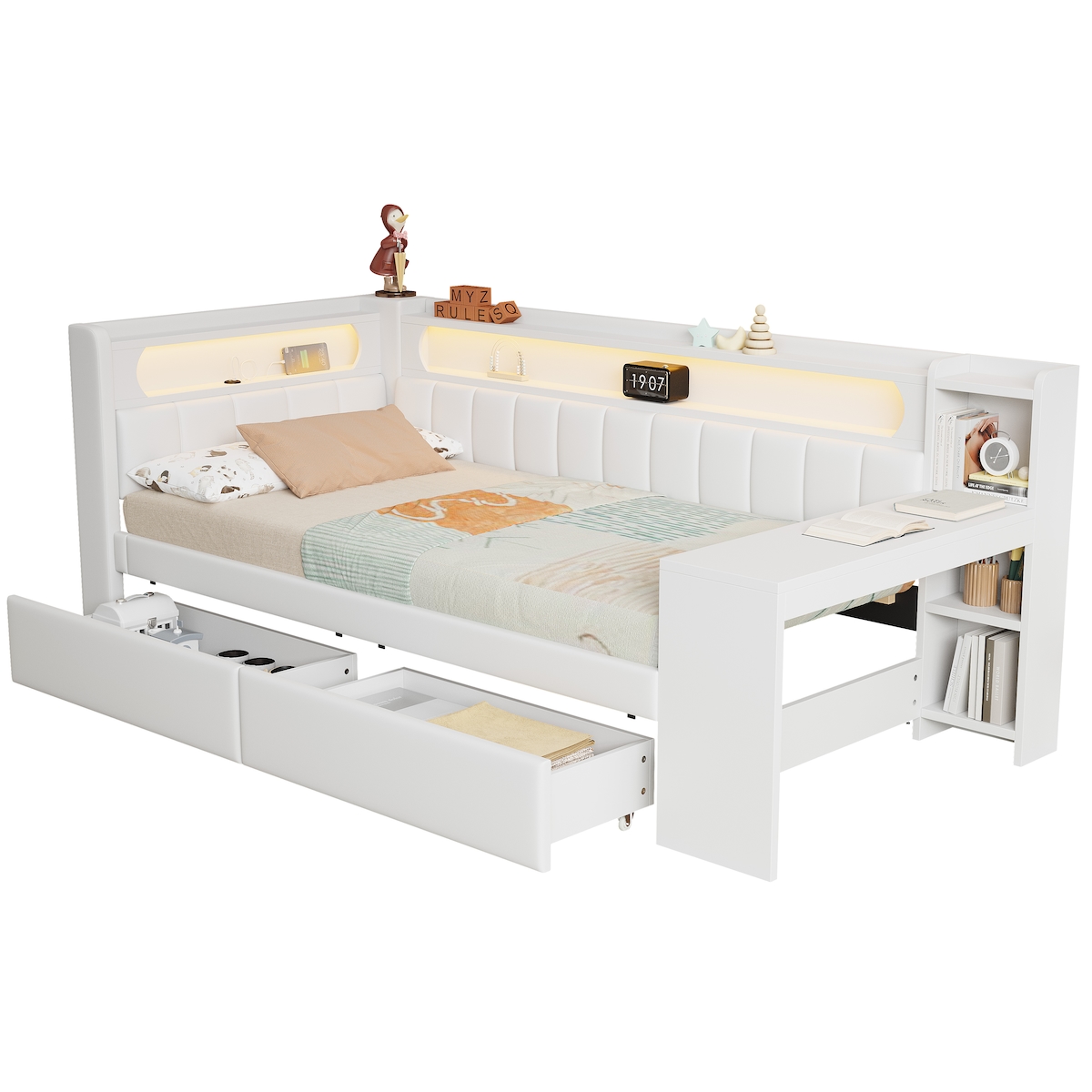 MODFU Gepolstertes Daybed 90x200 cm mit USB-Anschlüssen und LED-Beleuchtung in Weiß, inkl. Schreibtisch und 2 Schubladen Image
