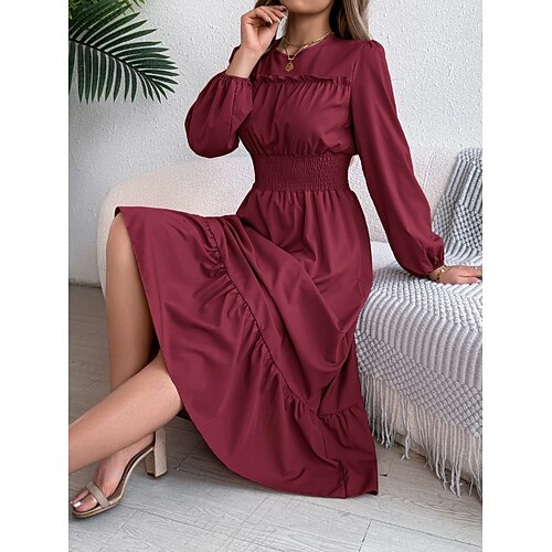 Damen Midikleid A Linie Kleid Lässig Täglich Normale Passform Einfach Langarm Rundhalsausschnitt Blau Marineblau Wein Braun Sommer Frühling Herbst Image