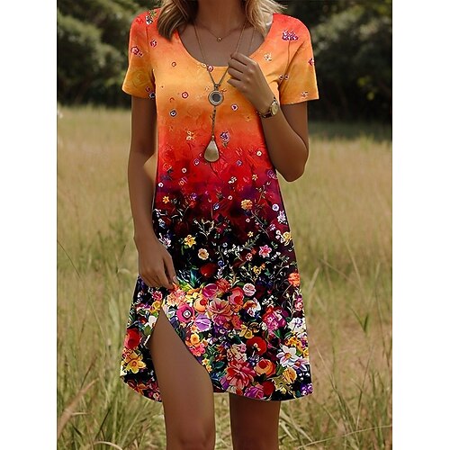 Damen Minikleid Sommerkleid T-Shirt-Kleid A Linie Kleid Urlaub Lässig Täglich Strand Ferien Normale Passform Blumen Grafik Halbarm Rundhalsausschnitt Blau Schwarz Orange Grün Sommer Image