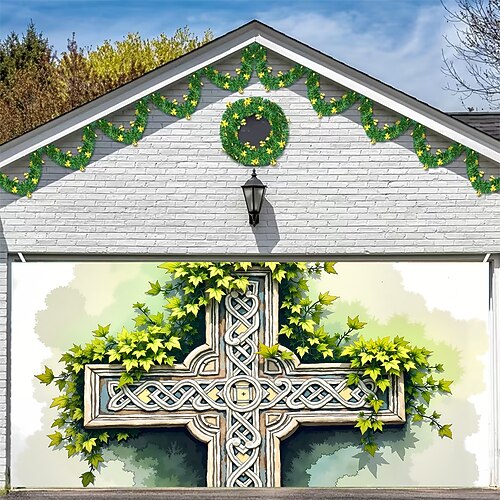 St. Patricks Day Tapisserie Garagentorabdeckung Großes Hängendes Keltisches Kreuz Niedlich 3D Landschaften Party Outdoor Urlaub Hintergründe aufnehmen Yard Wohndeko Image