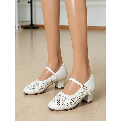 Damen-Mary-Jane-Tanzschuhe in Elfenbein mit Perforation, niedrigem Blockabsatz und Schnallenriemen für professionelle Gesellschaftstänze Tanzveranstaltungen Image