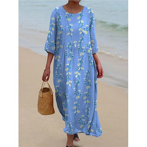 Womens Maxikleid Leinenähnlich Atmungsaktiv Leicht Sommerkleid Shift Kleid A-Linie Kleid Sommer Kleid Urlaub Lässig Boho Täglich Strand Urlaub 3/4 Länge Ärmel Rundhalsausschnitt Boot Image