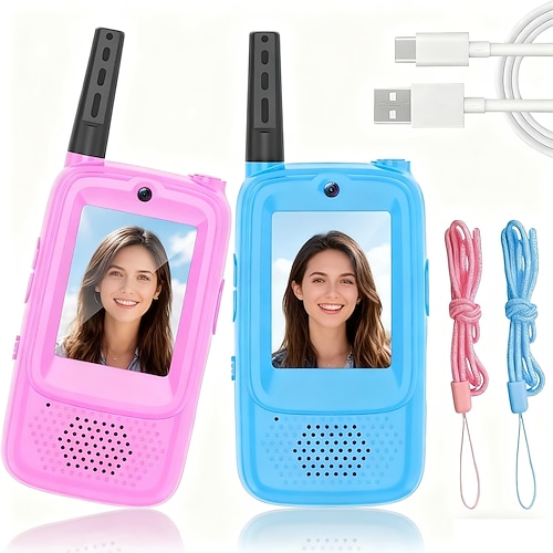 Kinder-Video-Walkie-Talkies, 2er-Pack wiederaufladbare Spielzeuge mit Kamera Bildschirm, Funkgeräte mit großer Reichweite für Jungen und Mädchen, Outdoor-Abenteuer-Campingspielzeug, Geburtstags- und Image