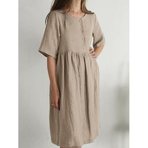 Damen Midikleid Kunstbaumwollleinen A Linie Kleid Sommerkleid Lässig Täglich Lässiger Schnitt Einfach Halbarm Einkerbiger Ausschnitt Marineblau Rosa Braun Grün Sommer Frühling Image