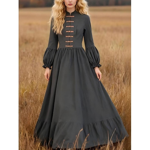 Damen Maxikleid A Linie Kleid Lässig Täglich Normale Passform Einfach Langarm Hoher Ausschnitt Grau Sommer Herbst Image