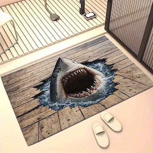 Fußmatte mit 3D-optischer Täuschung: 2D-Flachdruck eines wilden Hais, der durch einen Holzboden bricht – ein Teppich im Ozean-Stil für den Eingangsbereich. Image