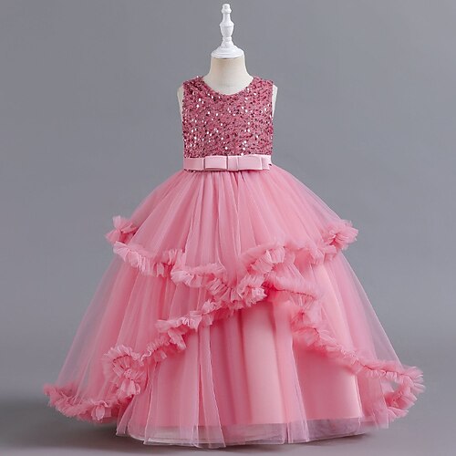 Blumenmädchenkleid Mädchen Formelle Kleidung Hochzeitskleidung Party Hochzeit Formell Mode Niedlich Formell Pailletten Patchwork Einfarbig Ärmellos V-Ausschnitt Blau Rosa Ab 4 Jahren Image