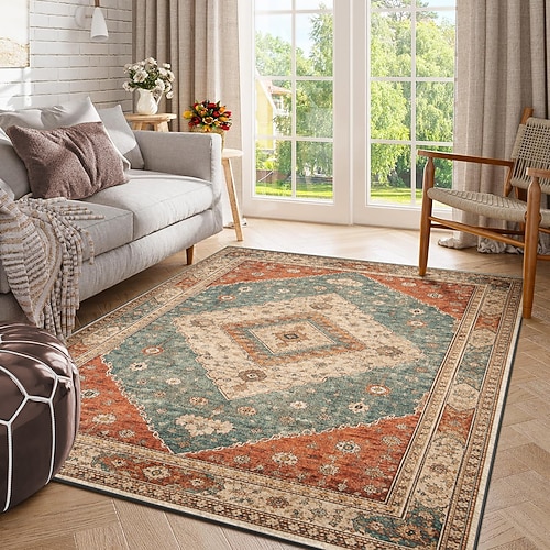 Teppich im Bohème-Stil, türkis Rostfarben mit aufwendigem Medaillonmuster, ideal für eine gemütliche Wohn- oder Schlafzimmerdekoration Image