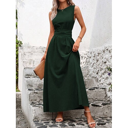Damen Maxikleid A Linie Kleid Urlaub Lässig Outdoor Ausgehen Standard Passform Einfarbig Ärmellos Rundhalsausschnitt Marineblau Schwarz Rote Grün Sommer Frühling Image