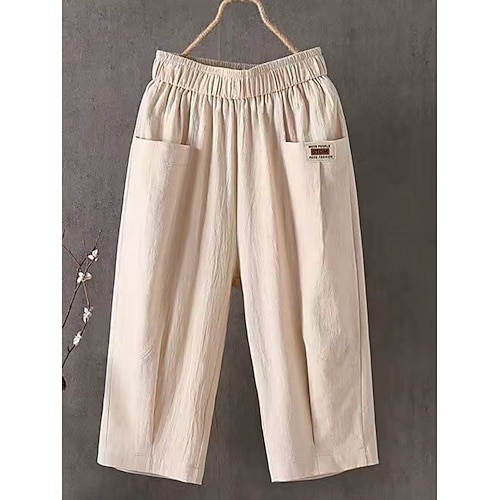 Damen Hose in Leinenoptik Caprihose Sommershorts Strandshorts Urlaub Mode Streetwear Wadenlang Hohe Taille Einfach Tasche Elastischer Bund Komfort Schnelltrocknend Weich Dehnbar Strand Ferien Blau Image