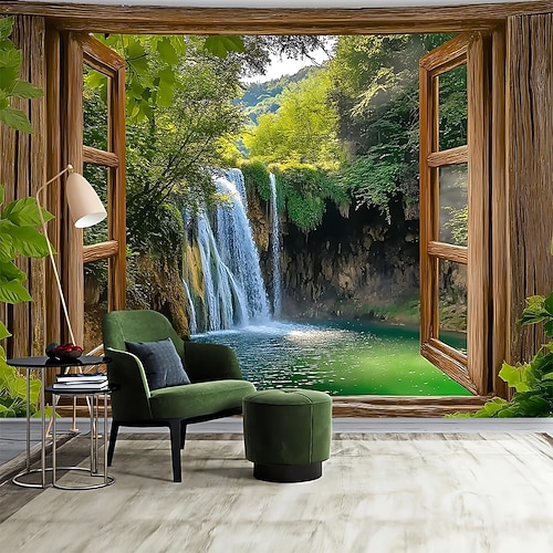 Wasserfall-Natur-3D-Fensterblick-Wandteppich, tropischer Wald, grüne Landschaft, Stoffkunstposter, Heimdekoration, Wandkunst-Hintergrundstoffposter Image
