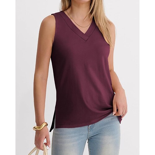 Damen T Shirt Einfach Klassisch Lässig Ärmellos Langarm V Ausschnitt Normale Oberteile Täglich Ausgehen Wochenende Schwarz Weiß Hellgrün Rosa Marineblau Sommer Frühling Herbst Image