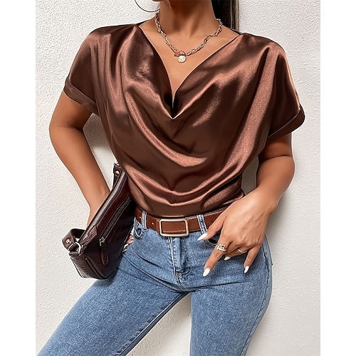 Damen Elegant Satin-Top Bluse Elegante Oberteile Gerafft Patchwork Drapiert Einfach Elegant Vintage Damen Ärmellos V Ausschnitt Normale Oberteile Täglich Arbeit Ferien Braun Sommer Frühling Image