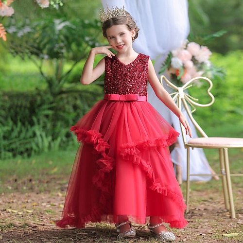 Blumenmädchenkleid Mädchen Formelle Kleidung Hochzeitskleidung Party Hochzeit Formell Mode Niedlich Formell Pailletten Patchwork Einfarbig Ärmellos V-Ausschnitt Blau Rosa Ab 4 Jahren Image