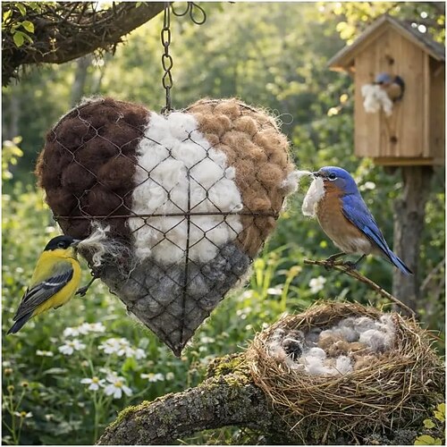 Handgefertigtes Vogelnest in Herzform, Halter für Nistmaterial aus PP-Baumwolle, nachfüllbares Vogelnest in Herzform für Kolibris, Geschenkidee für Kolibri-Liebhaber im Winter, Dekoration für Haus, Garten und Hof