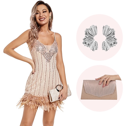 Goldene Zwanziger 1920er Retro Vintage Mini Hochzeit Junggesellenabschied Flapper Kleid Ärmellos Der große Gatsby Hochzeitsgast Pailletten Feder V Ausschnitt Kostüm Damen Weihnachten Karneval Image