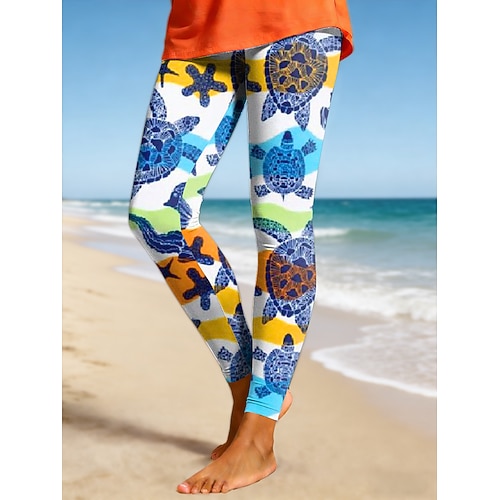 Damen Leggings Urlaub Vintage Ethno-Stil Volle Länge Hohe Taille Grafik Ozean Komfort Weich Bequem Dehnbar Täglich Heim Outdoor Blau Graues Grün Sommer Frühling Schmale Passform Image