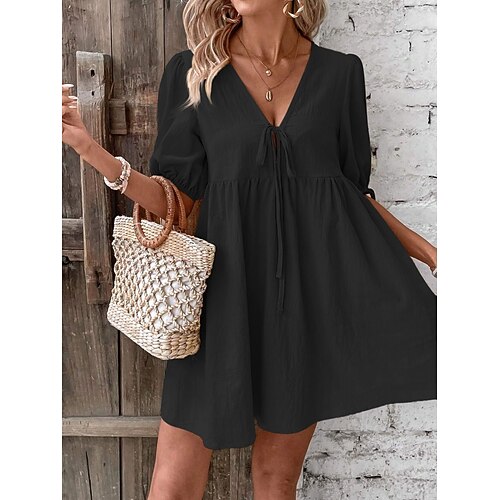 Damen Minikleid A Linie Kleid Sommerkleid Lässig Täglich Lässiger Schnitt Einfach Halbarm V Ausschnitt Blau Schwarz Weiß Beige Sommer Frühling Image
