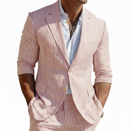 Herren Seersucker-Anzüge Strandhochzeit Lässig Gelb Rosa Frühling Sommer Anzug Gekerbtes Revers Leicht Lässig Gestreift Figurbetonter Schnitt 2-teilig Einreihige Zwei-Knopf-Jacke Image