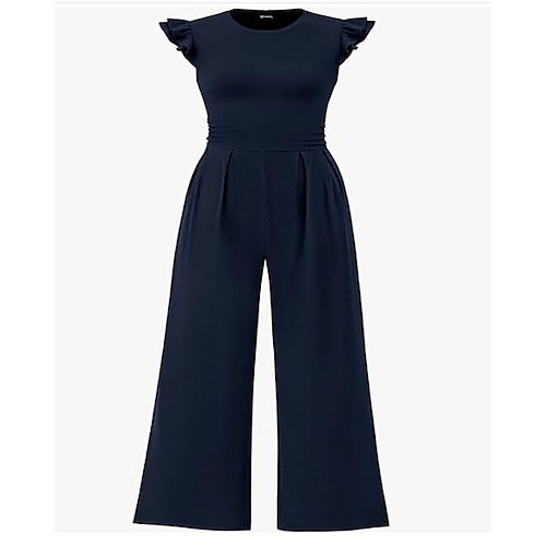 Damen Overall Aktiv Einfarbig Ärmellos Weites Bein Rundhals Rüsche Tasche Täglich Urlaub Normale Passform Schwarz Marineblau Frühling Image
