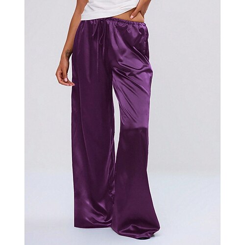 Damen Weite Hosenbeine Chinos Urlaub Streetwear Lässig Volle Länge Mittlere Taillenlinie Einfarbig Kordelzug Tasche Komfort Mikroelastisch Täglich Outdoor Straße Weinrot Amethyst Schwarz Rote Image