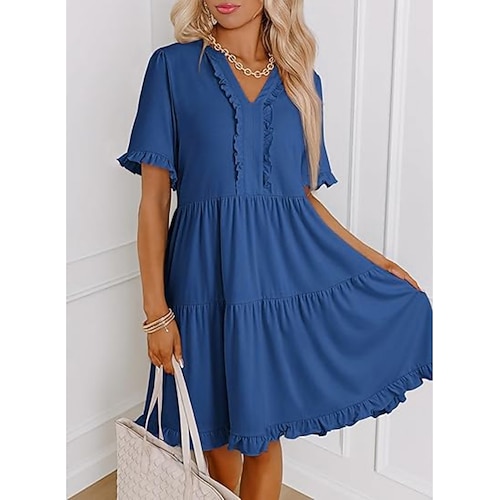 Damen Minikleid A Linie Kleid Sommerkleid Lässig Täglich Lässiger Schnitt Einfach Kurzarm V Ausschnitt Blau Schwarz Fuchsie Grün Sommer Frühling Image