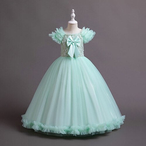 Blumenmädchenkleid Mädchen Formelle Kleidung Hochzeitskleidung Party Hochzeit Formell Niedlich Prinzessin Schön Patchwork Netz Einfarbig Kurze Ärmel Rundhalsausschnitt Champagner Rosa Ab 4 Jahren Image