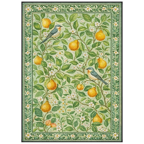 Hellgrüner Teppich mit Birnbaum-, Frucht- und Vogelmotiv, dekorativer grüner Bodenteppich für Wohnzimmer, Schlafzimmer oder andere Wohnräume Image